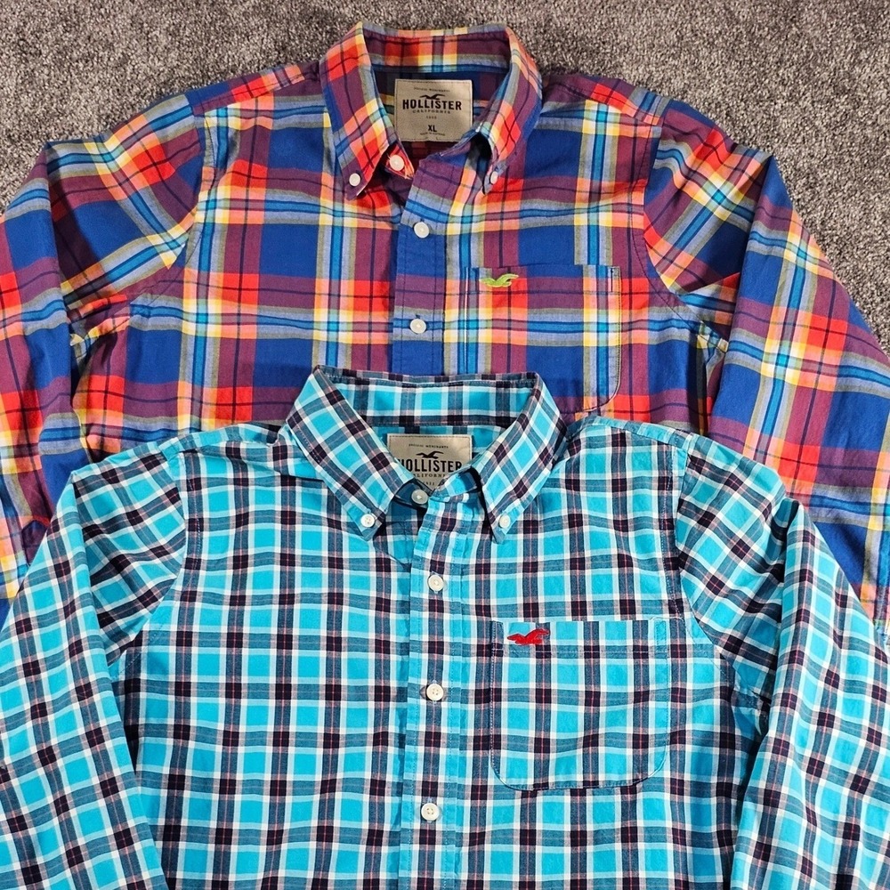 Lot of 2 Hollister Button Down Shirt Mens XL Multicolor Plaid L/S Cotton  Y2K
